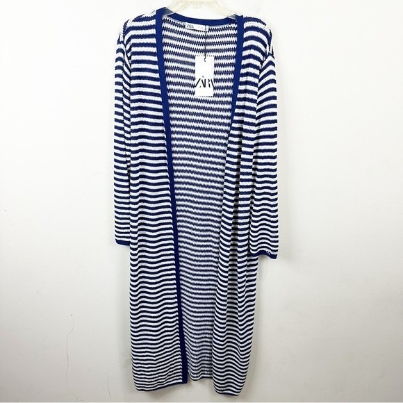 Zara Striped Knit Long Cardigan Sweater Dress Navy/White blogger’s favorite - Picture 2 of 7